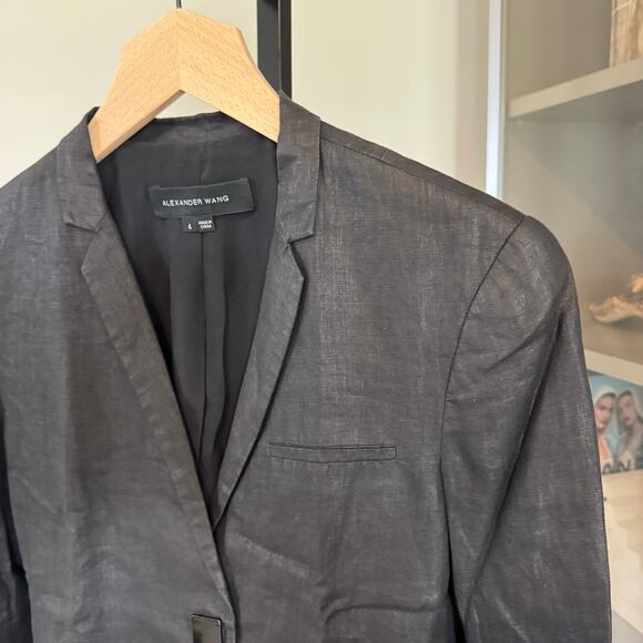 Alexander Wang Linen Blazer Black Glossy Silk Lined Single Breasted Jacket 4 S - Picture 3 of 6
